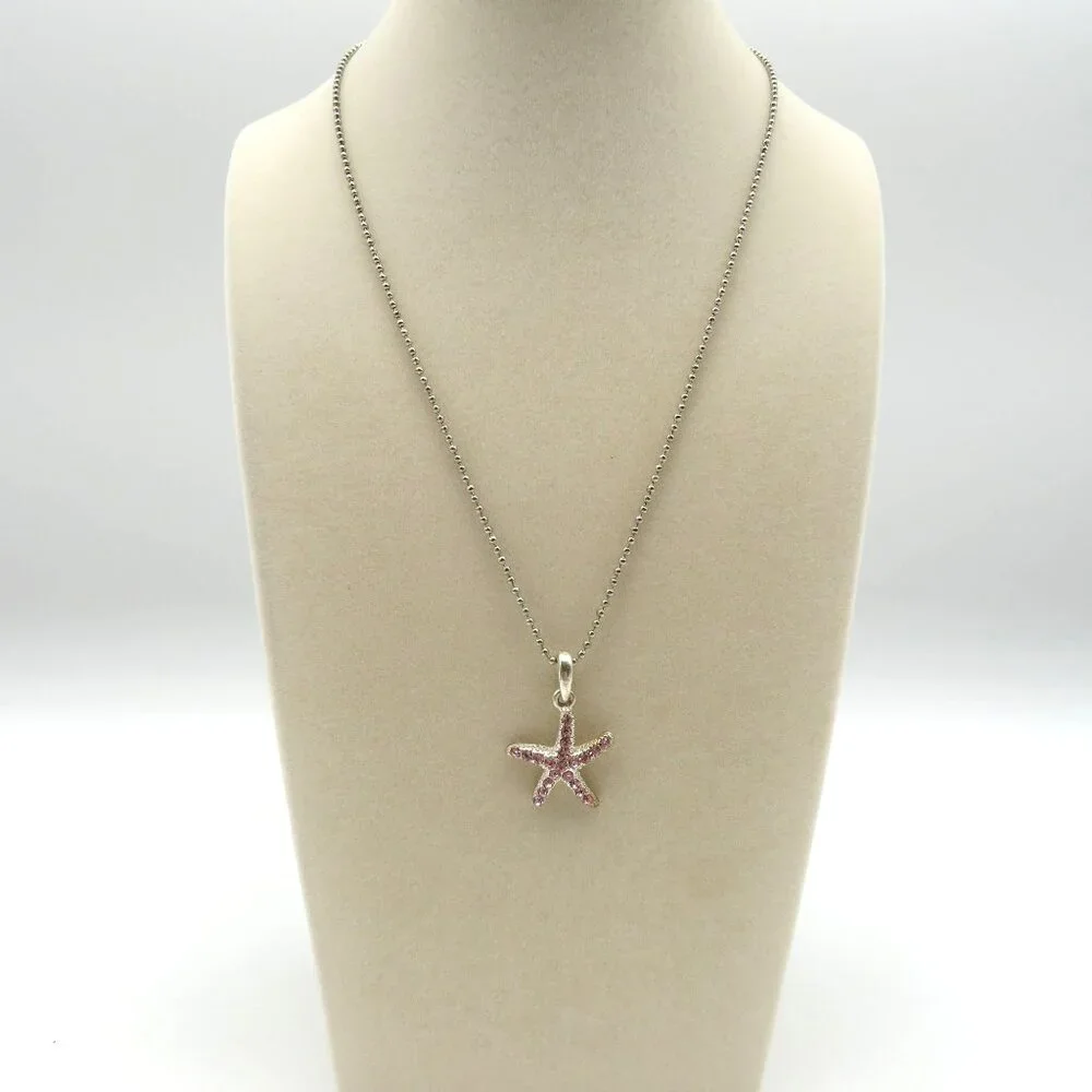 Starfish Pendant Necklace Pink Crystals‎ Silver Tone 16